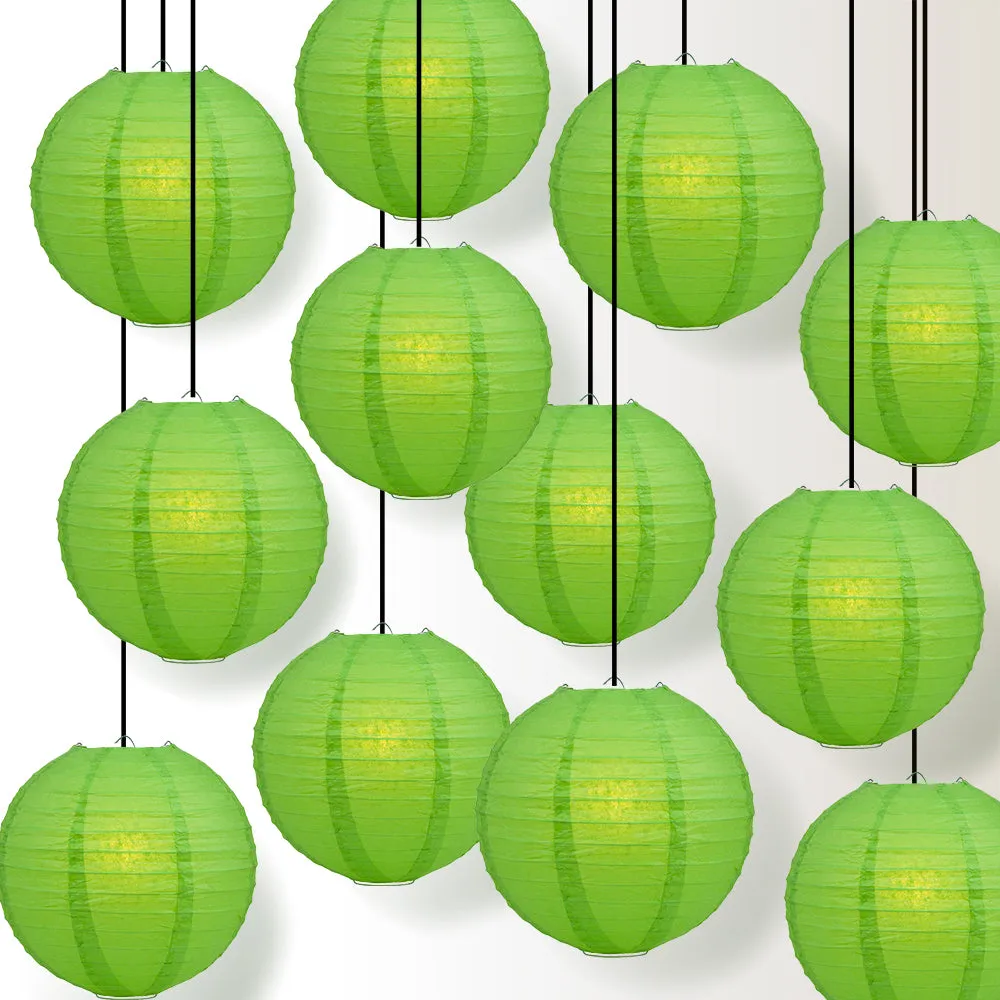 12 PACK | Grass Green Even Ribbing Round Paper Lantern, Hanging Combo Set