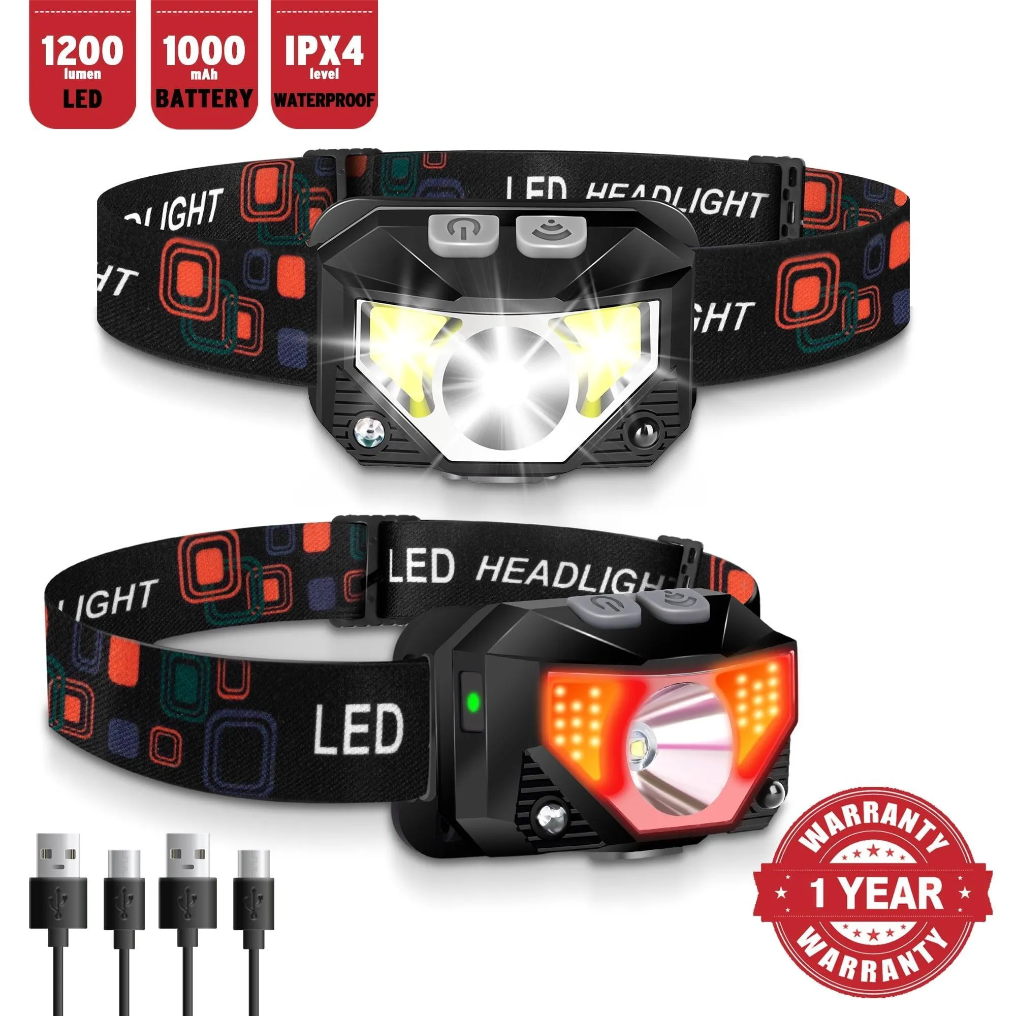 2 Pack LED Rechargeable Headlamp, Ultra Bright 1200 Lumen Headlights, Waterproof, Camping, Running, Cycling, Hunting, Kids Adults, Red White