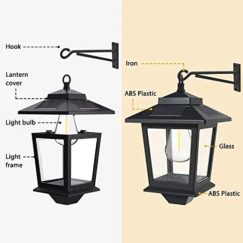 2 Pack Solar Wall Lanterns with Replaceable Bulb,Outdoor Hanging Solar Lights with 4 Solar Panels,Dusk to Dawn Led Outdoor Wall Sconce,Anti-Rust Waterproof Wall Lanterns with Hooks,3000K Warm White