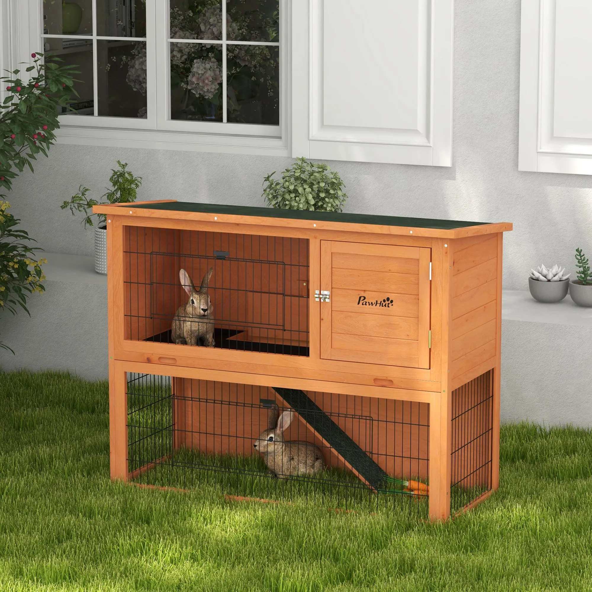 2 Tier Antiseptic Wood Rabbit Hutch with Run Outdoor 92cm Orange