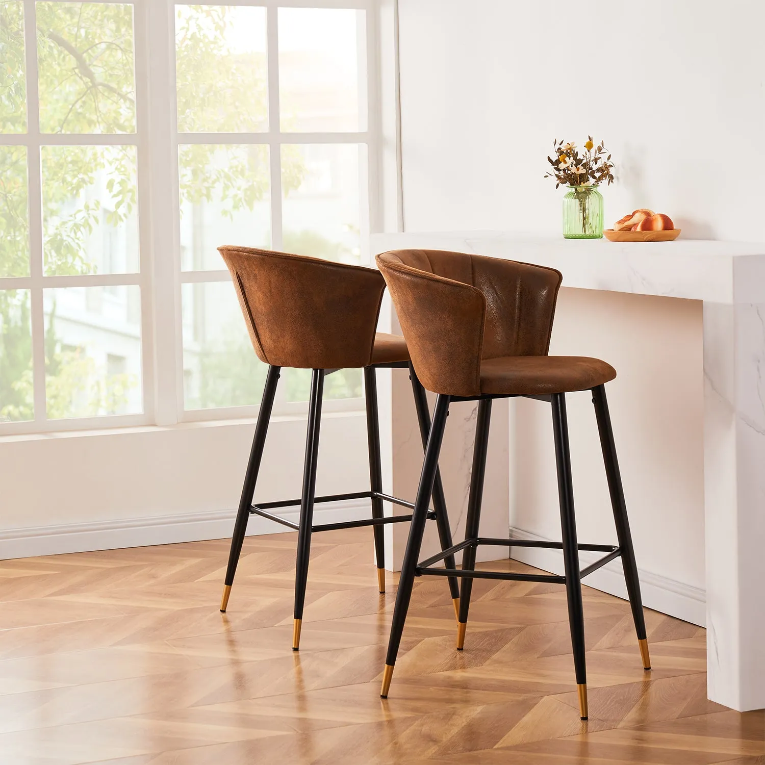 26''/30'' Vintage Brown Counter Bar Stool Set of 2 with Armrest, Suede Seat Bar Chair& Back with Black Golden Legs, Kitchen Island