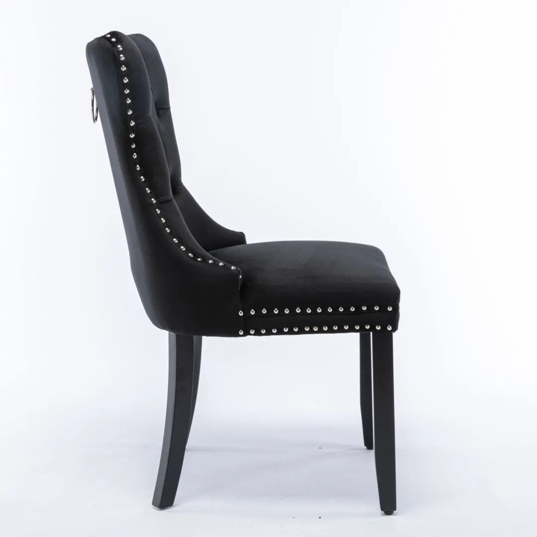 2x Velvet Dining Chairs Upholstered Tufted Kithcen Chair with Solid Wood Legs Stud Trim and Ring-Black