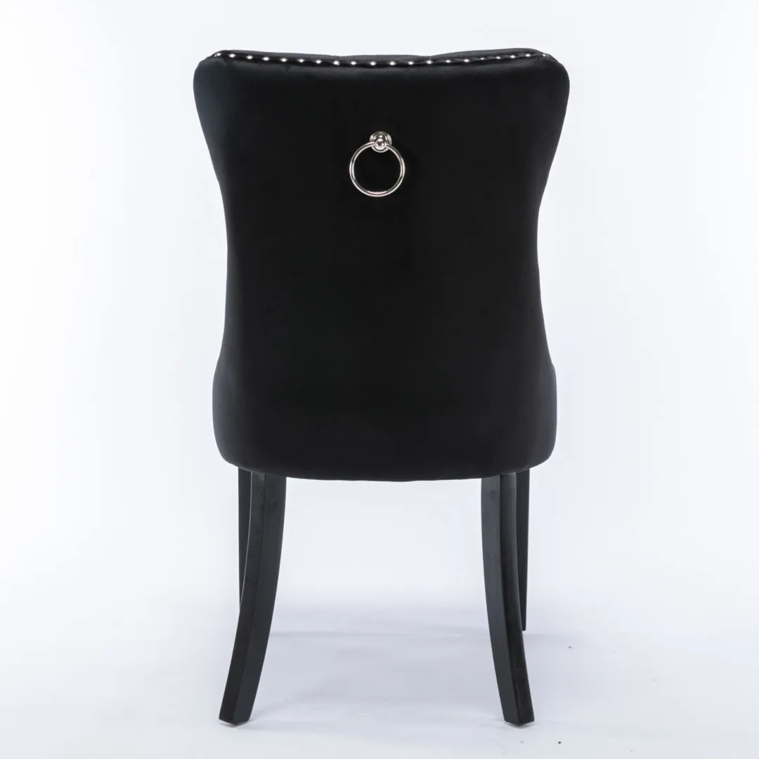 2x Velvet Dining Chairs Upholstered Tufted Kithcen Chair with Solid Wood Legs Stud Trim and Ring-Black