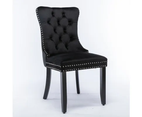 8x Velvet Dining Chairs Upholstered Tufted Kithcen Chair with Solid Wood Legs Stud Trim and Ring-Black