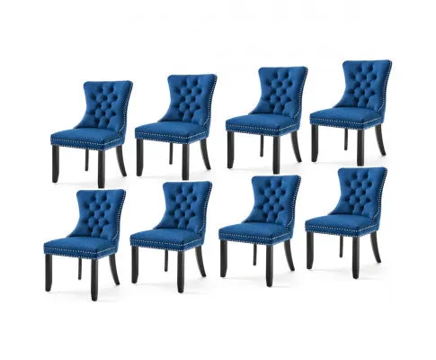 8x Velvet Dining Chairs Upholstered Tufted Kithcen Chair with Solid Wood Legs Stud Trim and Ring-Blue