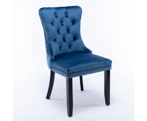 8x Velvet Dining Chairs Upholstered Tufted Kithcen Chair with Solid Wood Legs Stud Trim and Ring-Blue