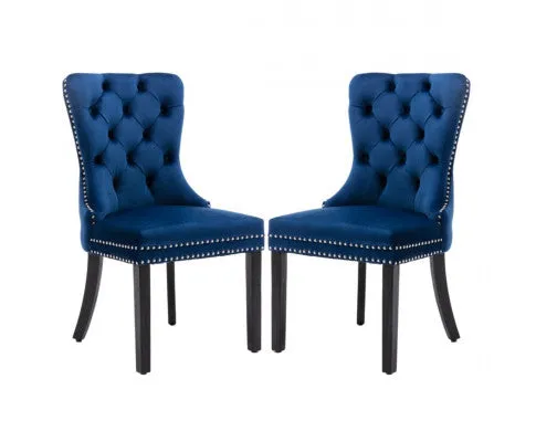 8x Velvet Dining Chairs Upholstered Tufted Kithcen Chair with Solid Wood Legs Stud Trim and Ring-Blue