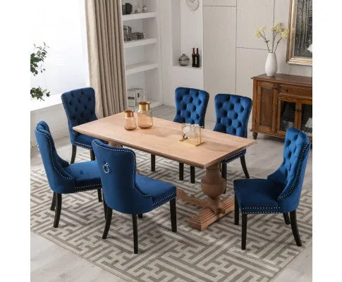 8x Velvet Dining Chairs Upholstered Tufted Kithcen Chair with Solid Wood Legs Stud Trim and Ring-Blue