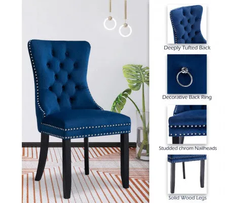 8x Velvet Dining Chairs Upholstered Tufted Kithcen Chair with Solid Wood Legs Stud Trim and Ring-Blue