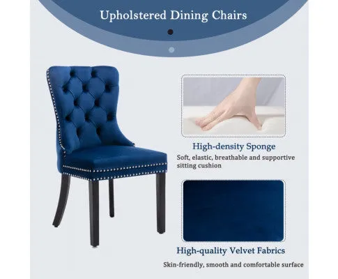 8x Velvet Dining Chairs Upholstered Tufted Kithcen Chair with Solid Wood Legs Stud Trim and Ring-Blue