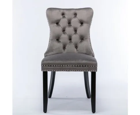 8x Velvet Dining Chairs Upholstered Tufted Kithcen Chair with Solid Wood Legs Stud Trim and Ring-Gray