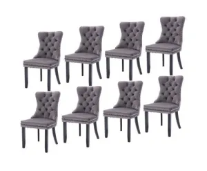 8x Velvet Dining Chairs Upholstered Tufted Kithcen Chair with Solid Wood Legs Stud Trim and Ring-Gray