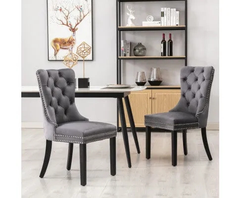 8x Velvet Dining Chairs Upholstered Tufted Kithcen Chair with Solid Wood Legs Stud Trim and Ring-Gray