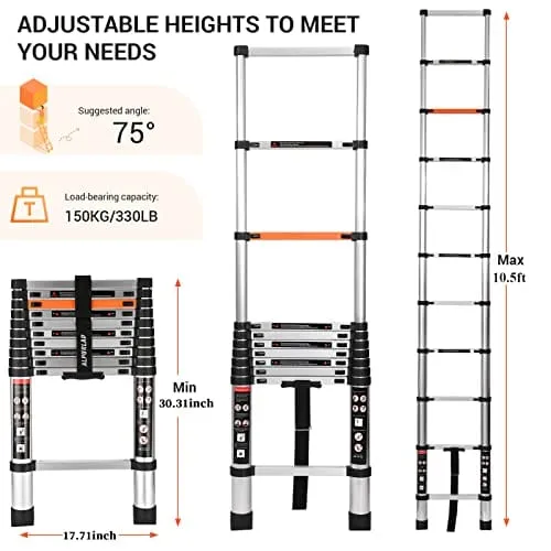 ALPURLAD Telescoping Ladder 10.5FT Aluminum Extension Ladders Lightweight Collapsible Ladder Telescopic Ladders for RV, Loft, Attic, Home, 330lbs Capacity