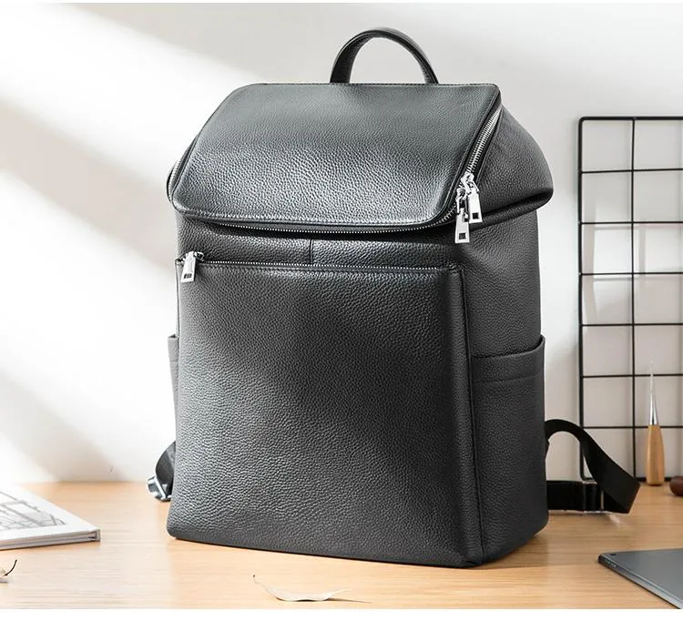 Black Fashion Mens Leather 15-inch Computer Backpacks Travel Backpacks School Backpack for men