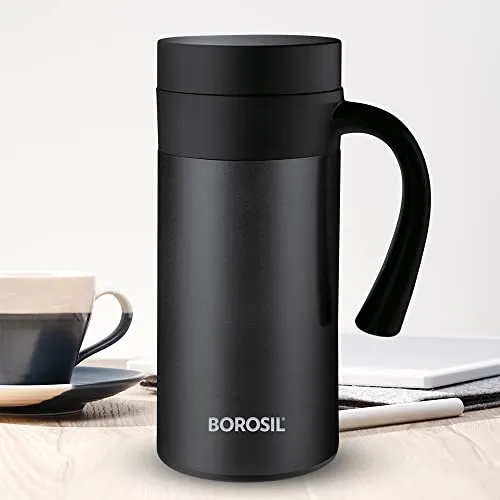 Borosil CafeTime Mug, Stainless Steel Insulated Travel Mug, Double Wall Vacuum Insulation, for Carrying Tea, Coffee, Soup, 400 ml, Black