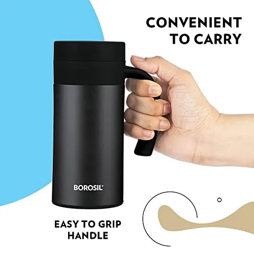 Borosil CafeTime Mug, Stainless Steel Insulated Travel Mug, Double Wall Vacuum Insulation, for Carrying Tea, Coffee, Soup, 400 ml, Black