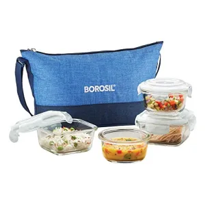 Borosil Prime Daisy Glass Lunch Box Microwave Safe Office Tiffin (320 ml Sq, 240 ml Round, Transparent) -Set of 4