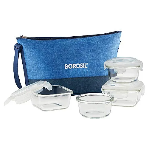 Borosil Prime Daisy Glass Lunch Box Microwave Safe Office Tiffin (320 ml Sq, 240 ml Round, Transparent) -Set of 4