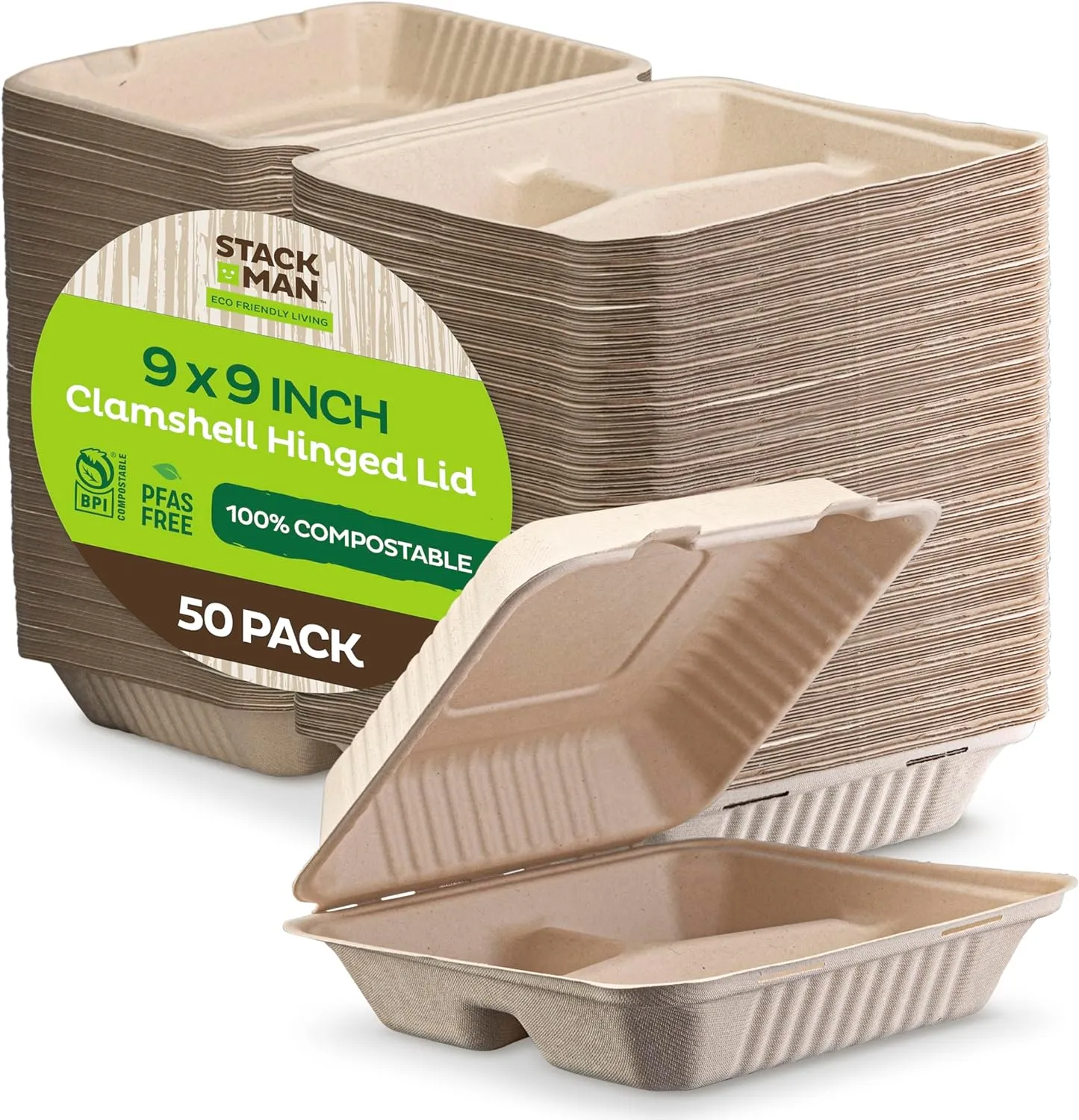 Compostable to Go Containers 3-Compartment Clamshell Take Out Food Container with Hinged Lid, Eco-Friendly, Made of Sugar Cane Bagasse