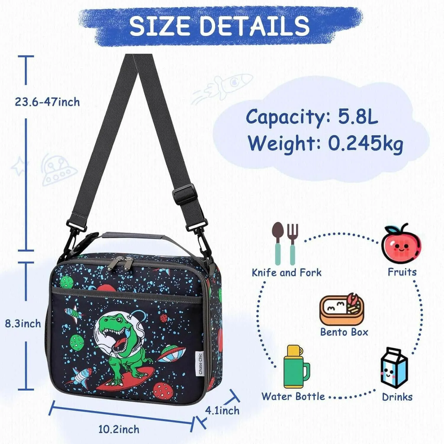 Dinosaur Lunch Bag, Kids Insulated Lunch Bag with Adjustable Clip-On Handle Kids Lunch Box for Girls Boys School Picnic Lightweight Reusable Lunch Handbag with External Bottle Holder