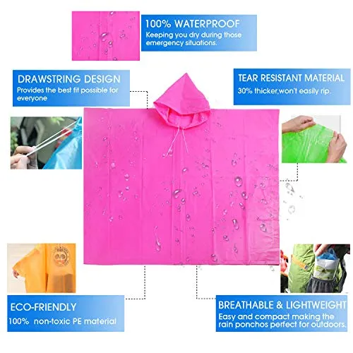 Disposable Camping, Travel Ponchos for Kids, Multi-colored - 4 Pack