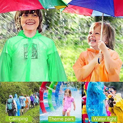 Disposable Camping, Travel Ponchos for Kids, Multi-colored - 4 Pack