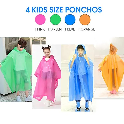 Disposable Camping, Travel Ponchos for Kids, Multi-colored - 4 Pack