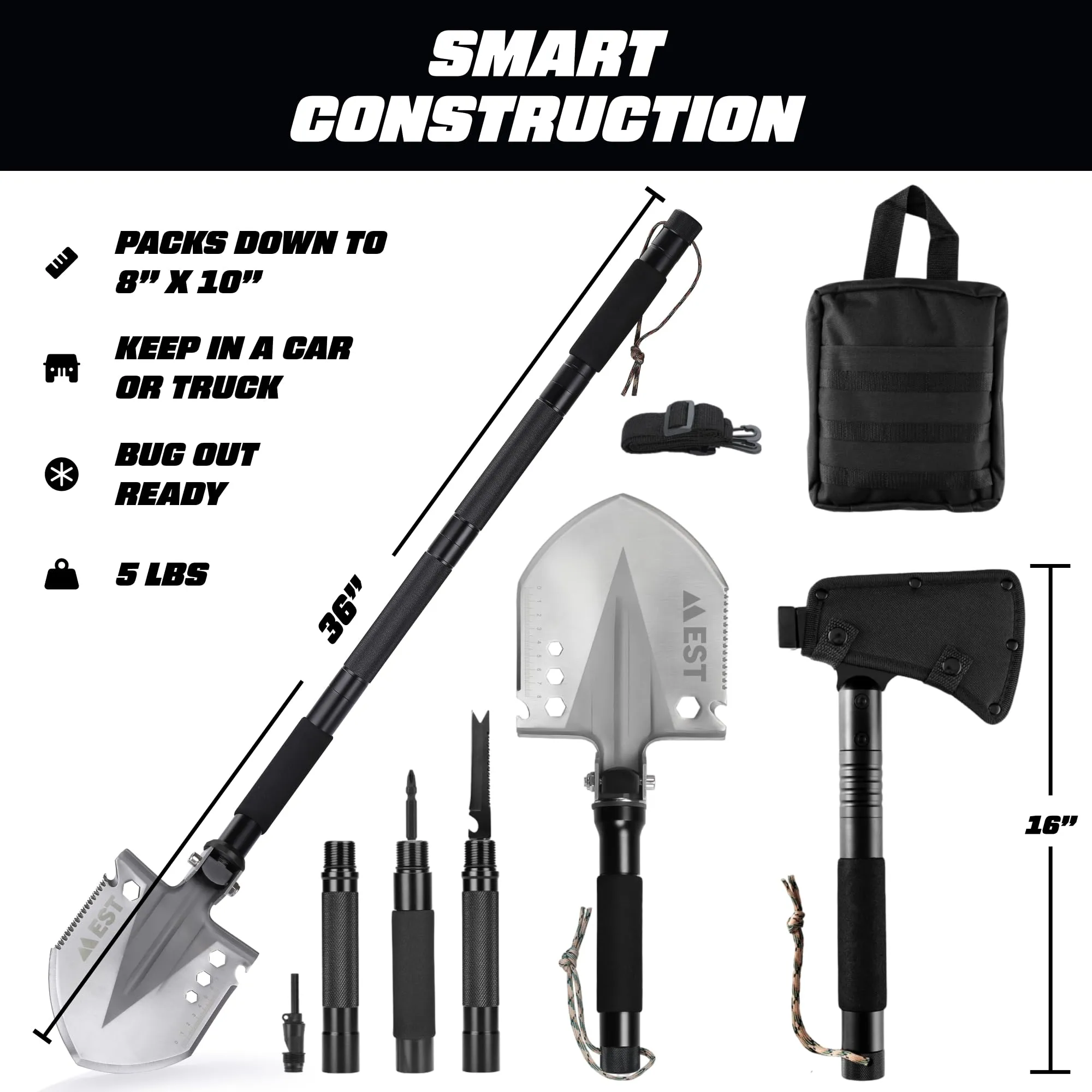 EST Gear Camp Axe and Folding Survival Shovel 20-in-1 Heavyduty Compact Military Multitool Hatchet for Off Roading, Camping, Survivalist and Emergency - Lifetime Replacement