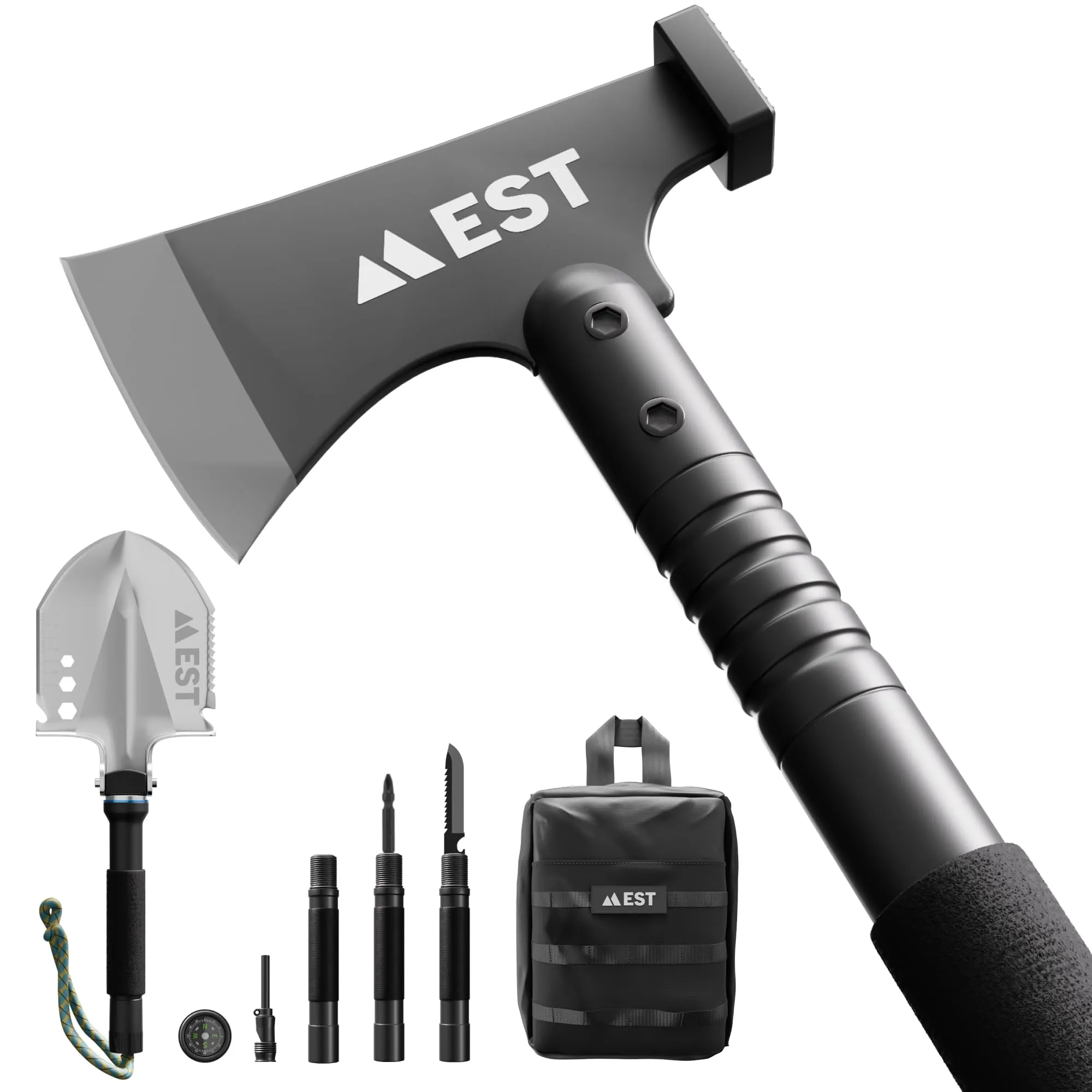 EST Gear Camp Axe and Folding Survival Shovel 20-in-1 Heavyduty Compact Military Multitool Hatchet for Off Roading, Camping, Survivalist and Emergency - Lifetime Replacement