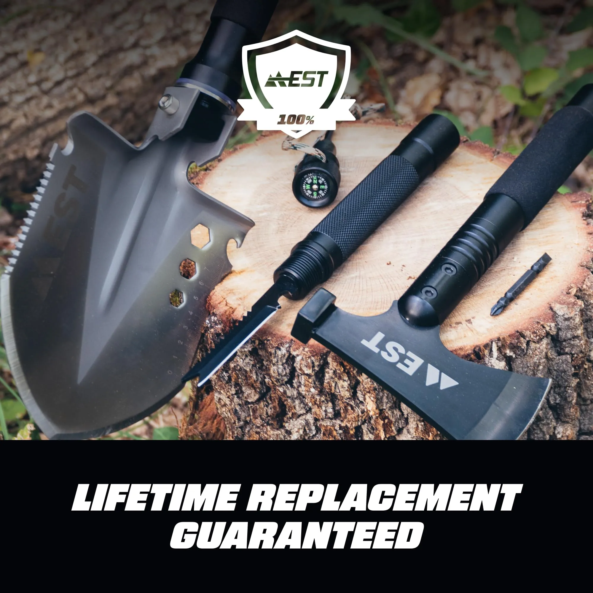 EST Gear Camp Axe and Folding Survival Shovel 20-in-1 Heavyduty Compact Military Multitool Hatchet for Off Roading, Camping, Survivalist and Emergency - Lifetime Replacement