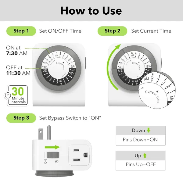 Indoor Dual Outlet Timers Heavy-Duty Mechanical 24-Hour3-Prong Design with 30-Minute Intervals Bn-link