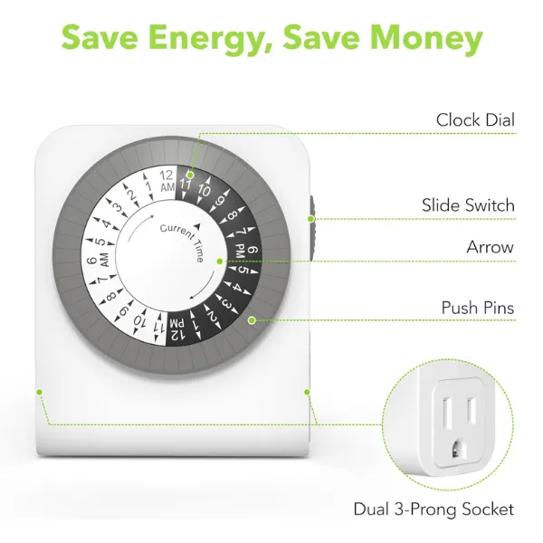 Indoor Dual Outlet Timers Heavy-Duty Mechanical 24-Hour3-Prong Design with 30-Minute Intervals Bn-link