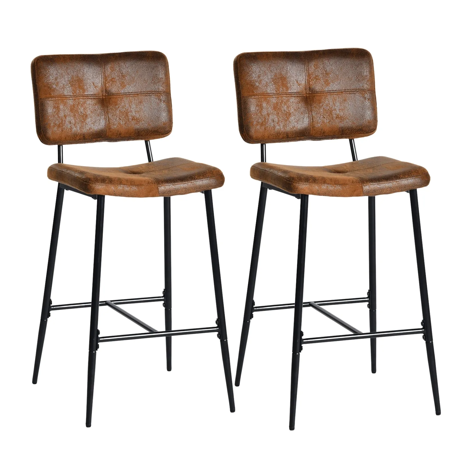 Industrial Bar Stool with Leather Upholstery - Vintage Brown Seat, Black Metal Legs, High Backrest for Comfort