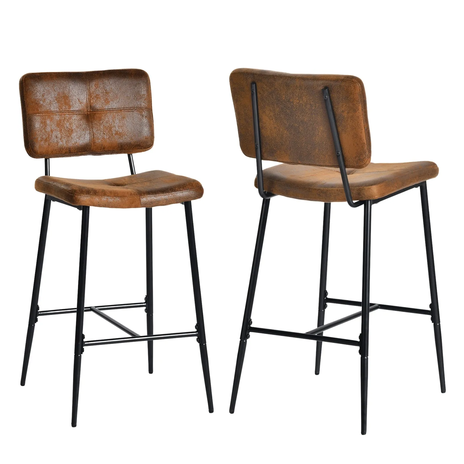 Industrial Bar Stool with Leather Upholstery - Vintage Brown Seat, Black Metal Legs, High Backrest for Comfort