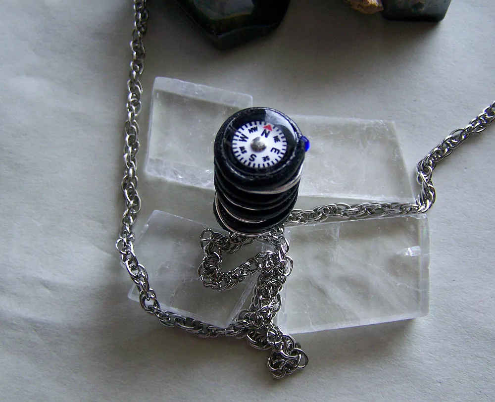 Leather Wrapped Silver Bullet Compass Pendant Necklace