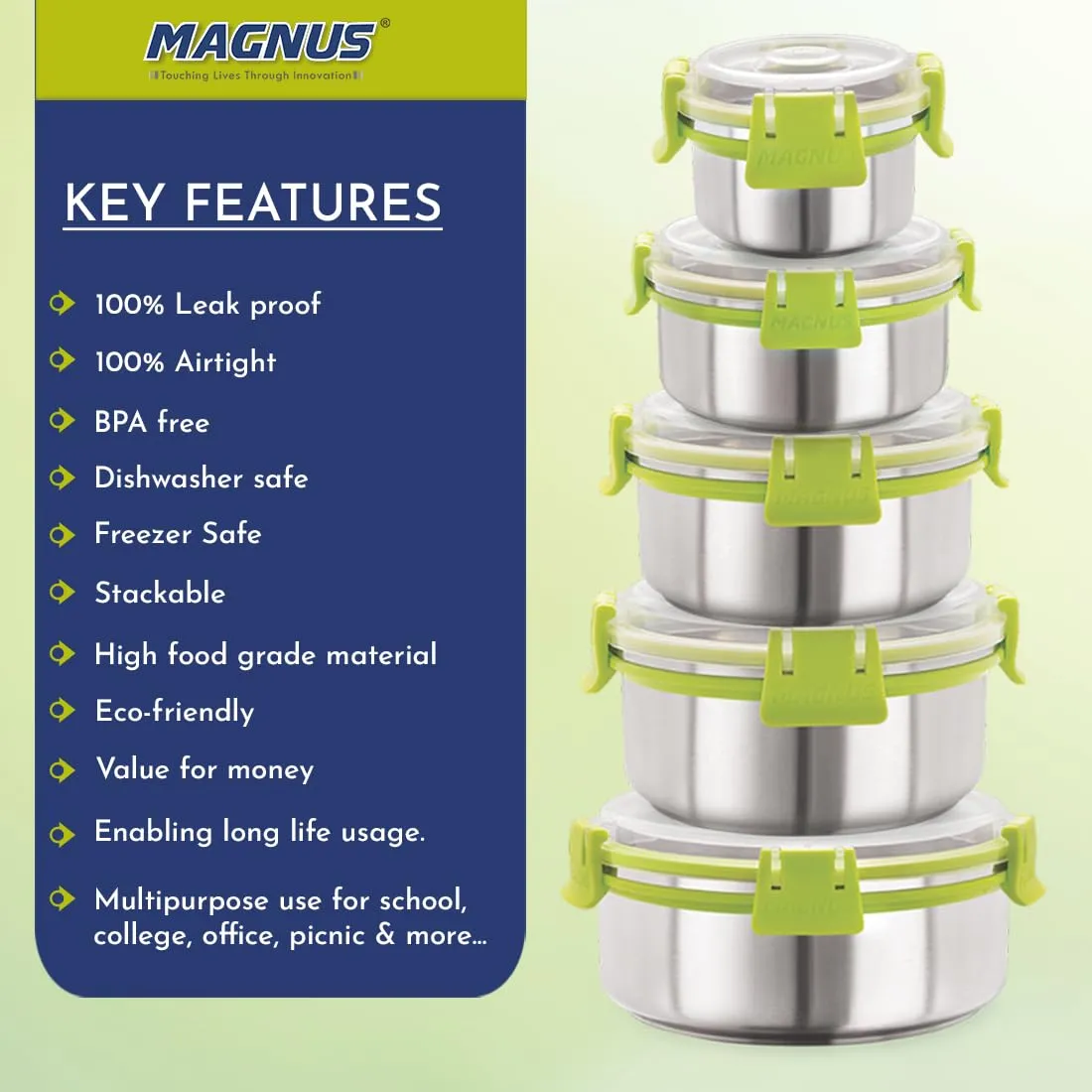 Magnus Klip Lock Steel Utility Container Set - 100 ml, 300 ml, 450 ml, 750 ml, 1300 ml (Pack of 5, Silver) - Ideal Kitchen Accessories Items, Lunch Box, Lunch Boxes for Office Men