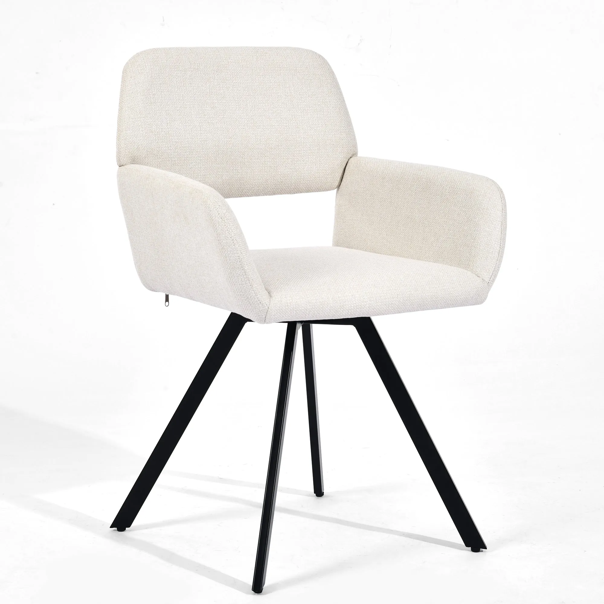 Modern Upholstered Swivel Chair - Beige Fabric Seat with Armrests, Black Metal Legs, Ergonomic Design