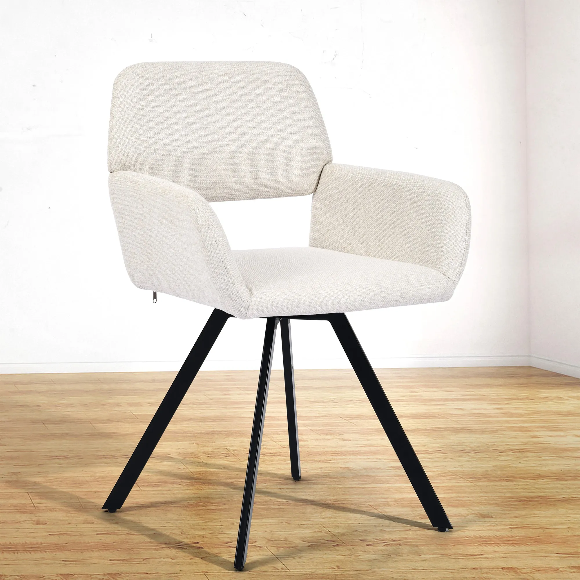 Modern Upholstered Swivel Chair - Beige Fabric Seat with Armrests, Black Metal Legs, Ergonomic Design