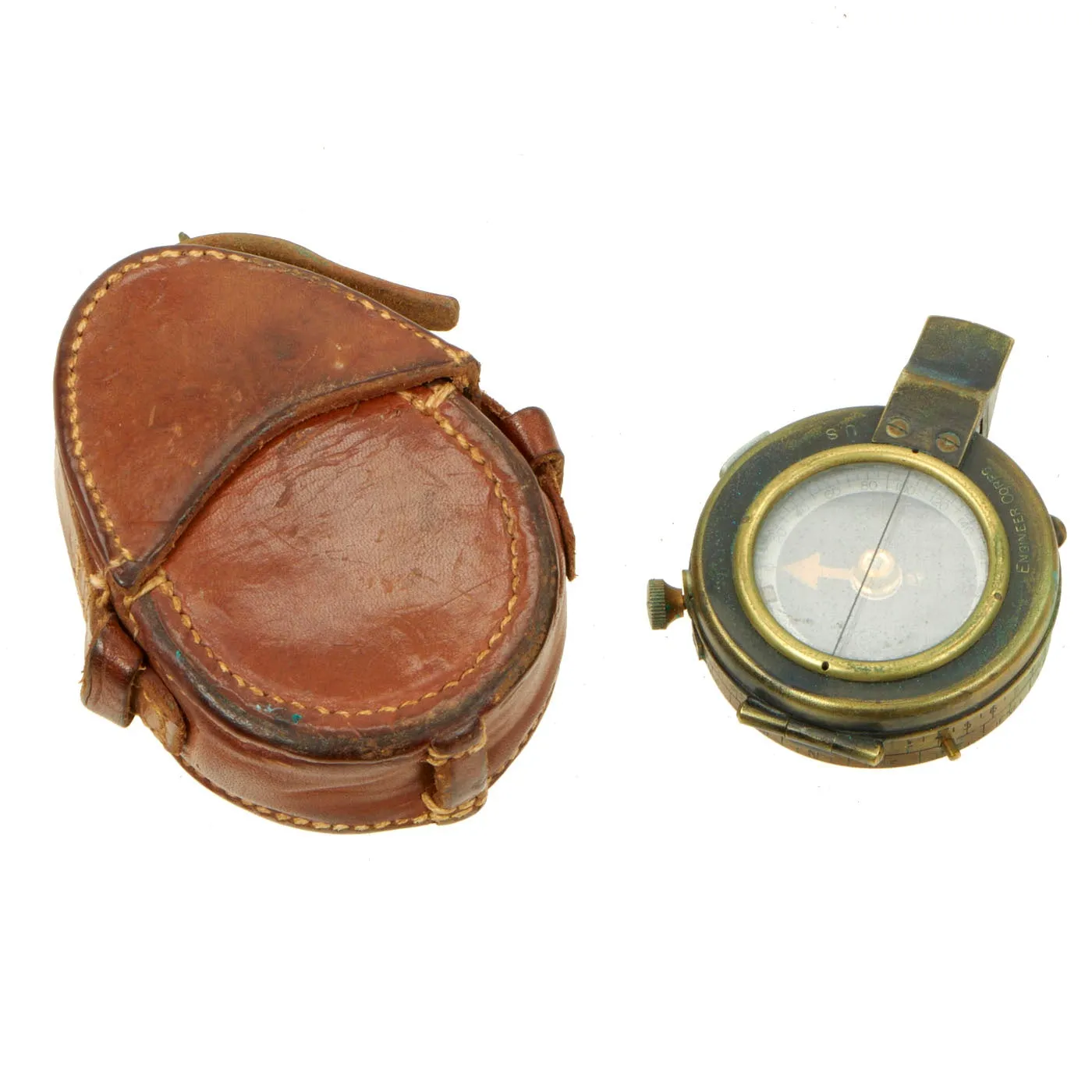 Original WW1 U.S. Army Engineer Corps Brass Prismatic Compass by Cruchon & Emons dated 1918 with British Leather Case dated 1917