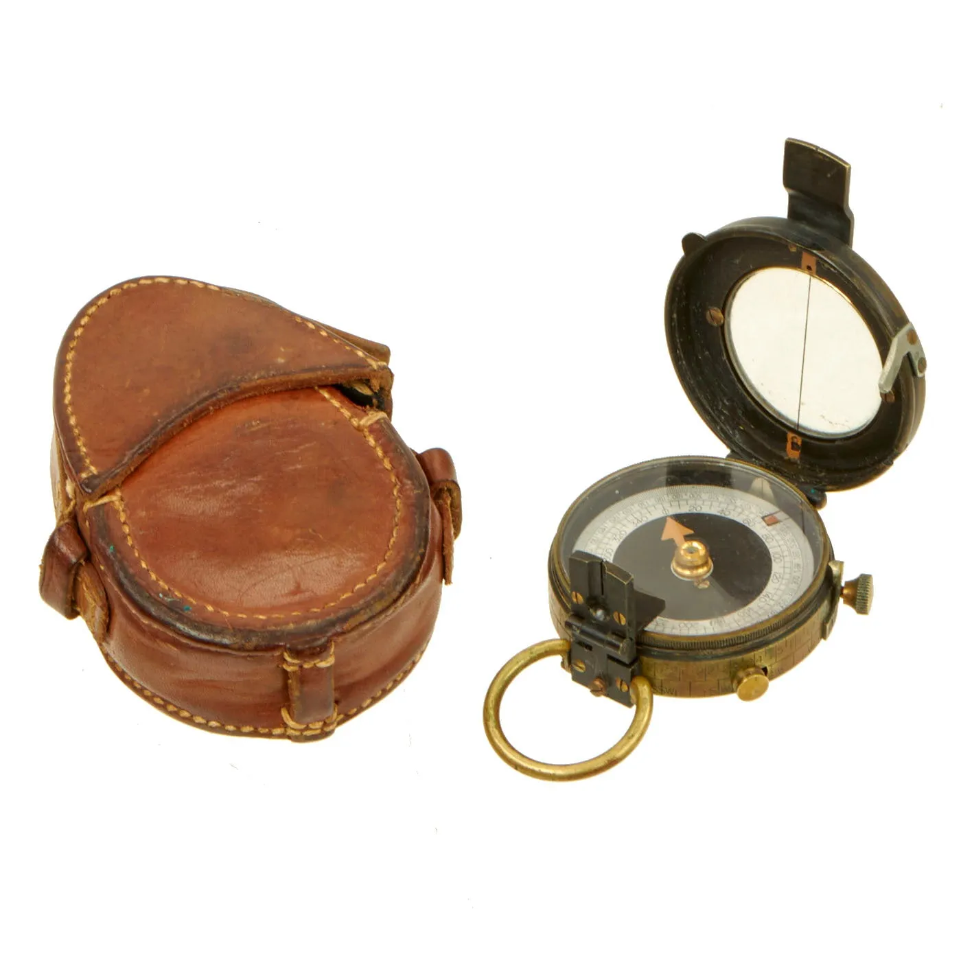 Original WW1 U.S. Army Engineer Corps Brass Prismatic Compass by Cruchon & Emons dated 1918 with British Leather Case dated 1917