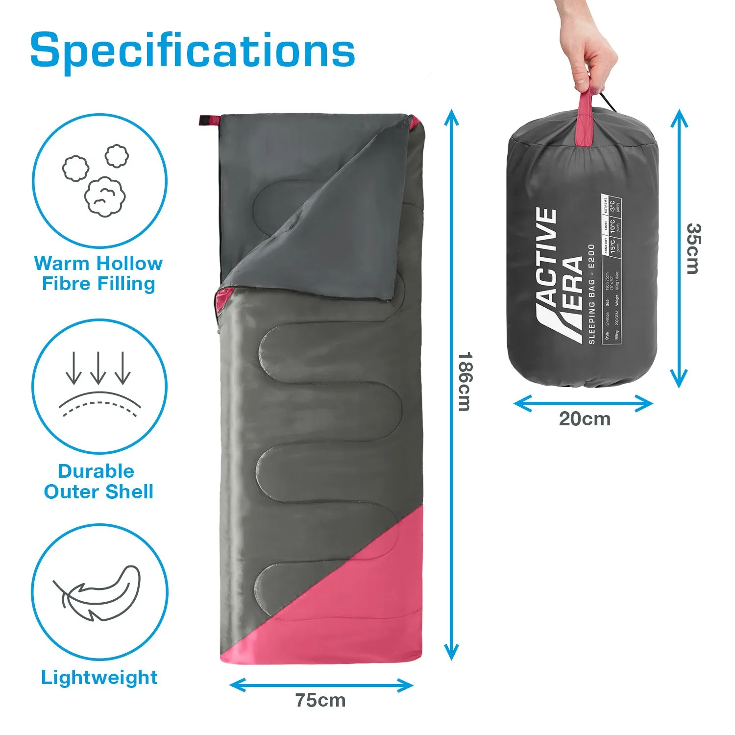 Premium Warm Lightweight Envelope Sleeping Bag (200 GSM) - 2 Seasons - Pink