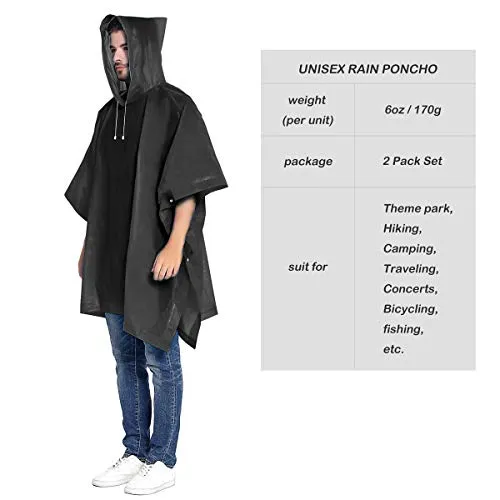 Rain Ponchos for women and men (2 Pack) - Black