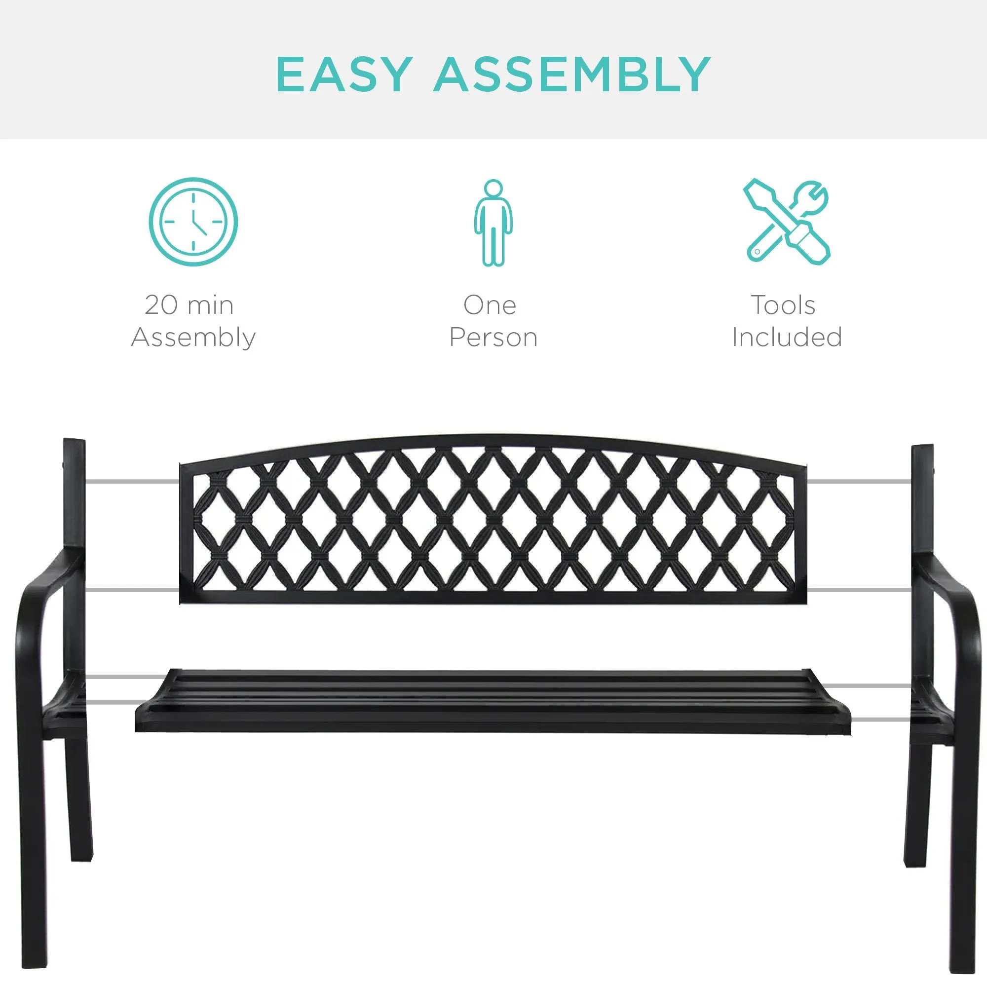 Steel Bench for Outdoor, Patio, Garden w/ Cross Design - 50in