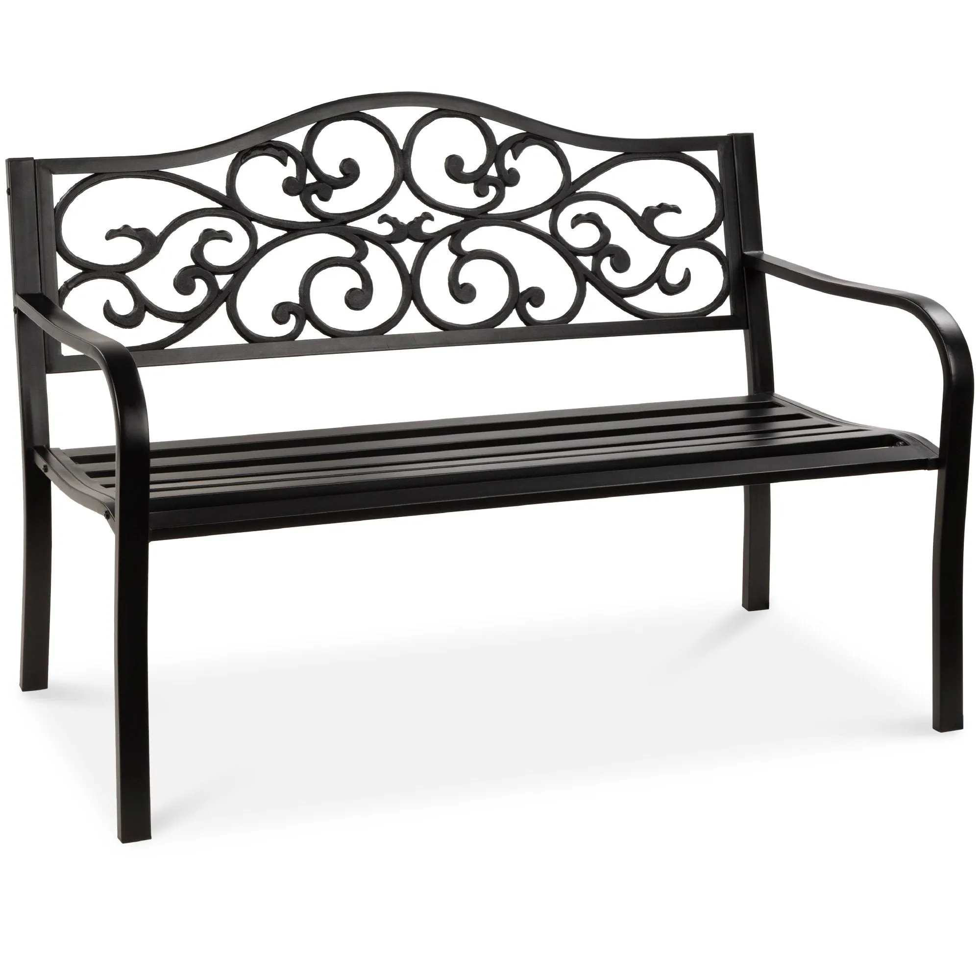 Steel Garden Bench for Outdoor Patio w/ Floral Design Backrest