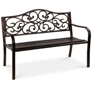 Steel Garden Bench for Outdoor Patio w/ Floral Design Backrest