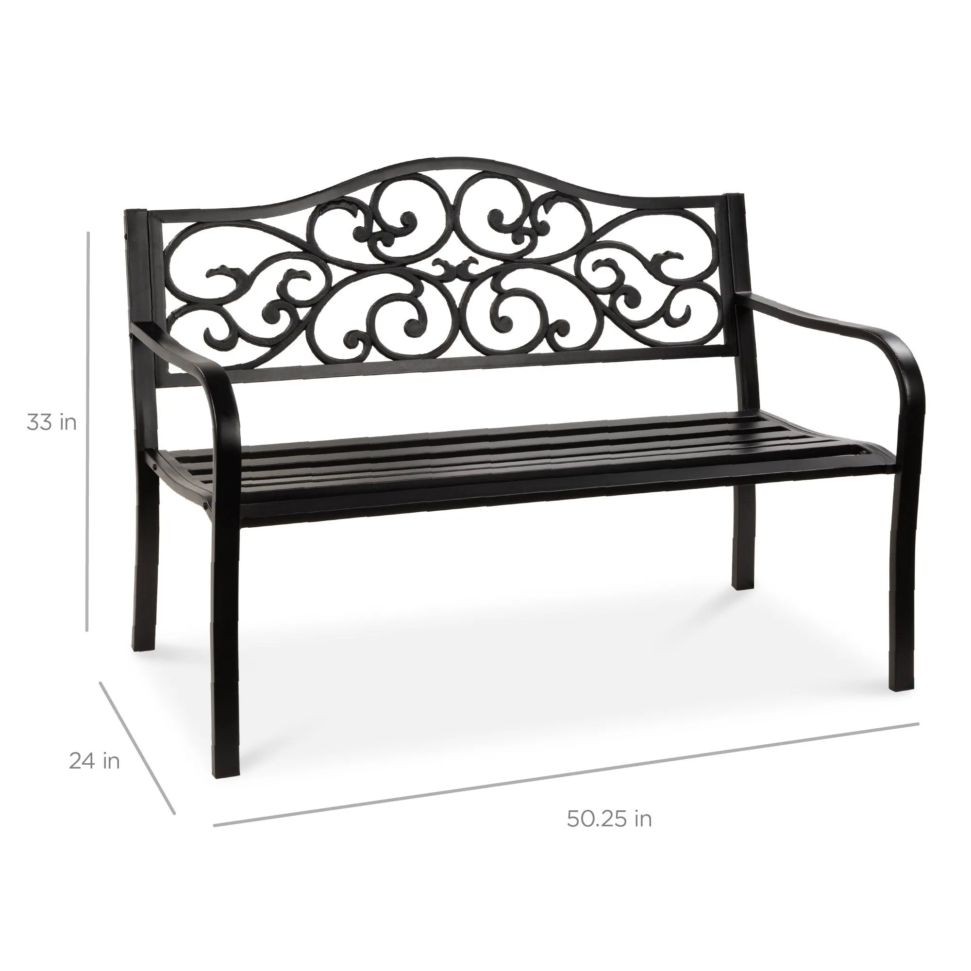 Steel Garden Bench for Outdoor Patio w/ Floral Design Backrest