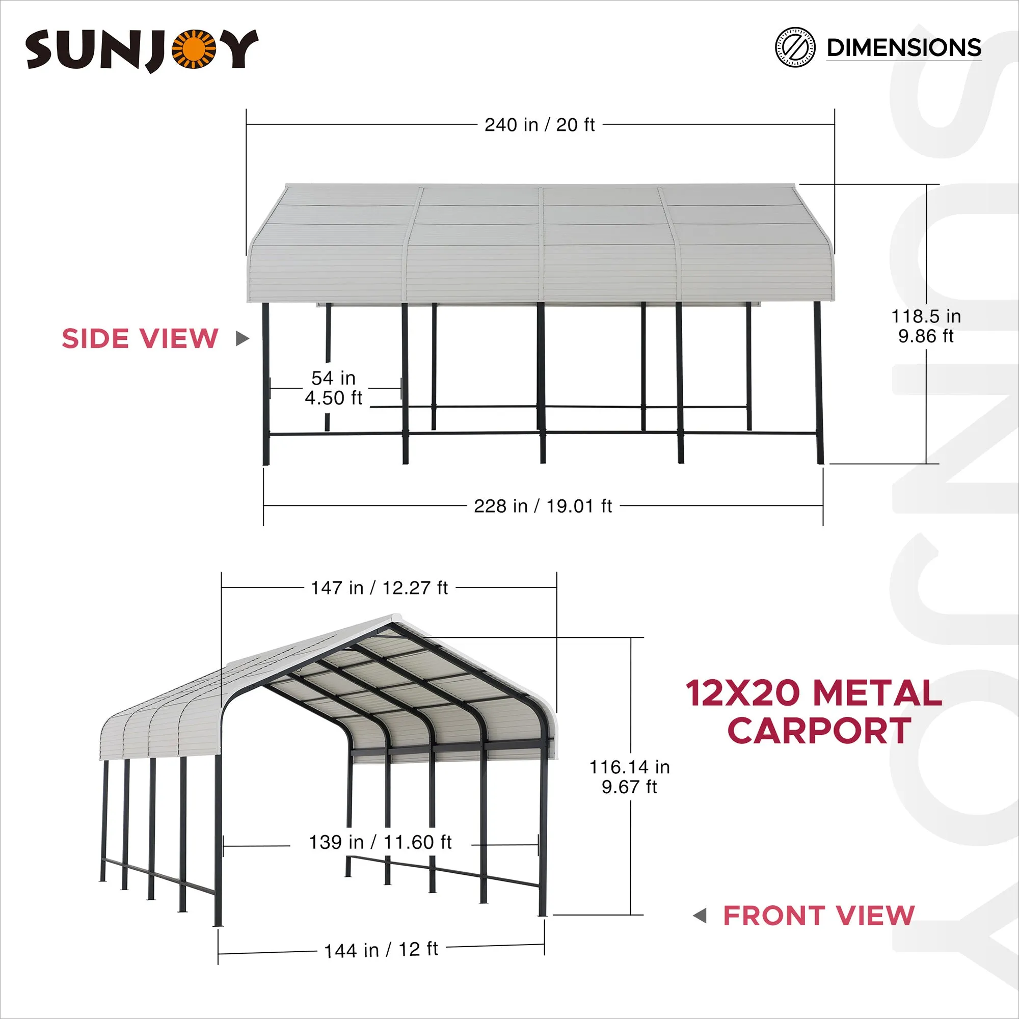 SUNJOY Steel Carports 12x20 Heavy Duty Metal Gazebo, Outdoor Living Pavilion with Ceiling Hook