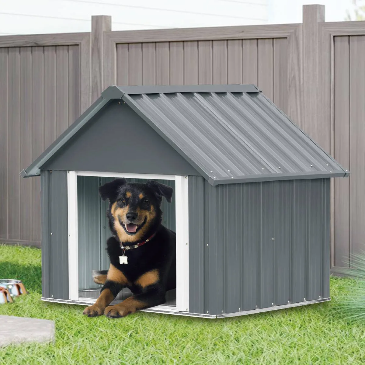 TMG Industrial Outdoor Metal Dog House, Detachable Metal Floor, Apex Roof Design, Approx. 8 Sq-Ft Floor Space, TMG-MSD42