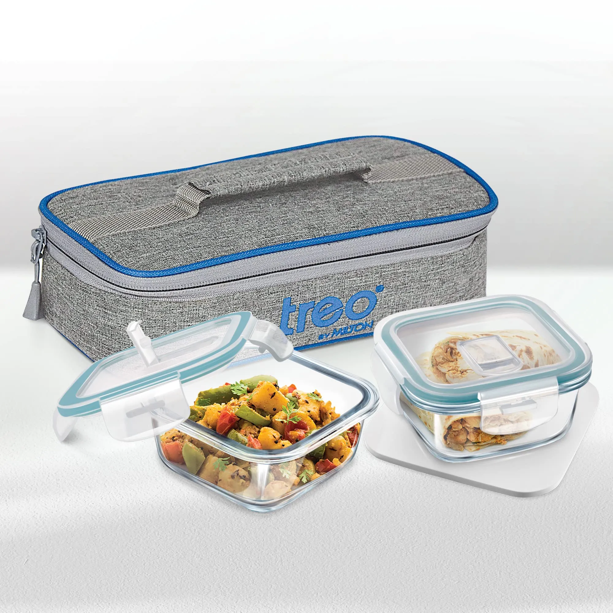 Treo by Milton All Fresh Square Glass Tiffin Containers with Insulated Jacket, 2 Containers, 400 ml Each